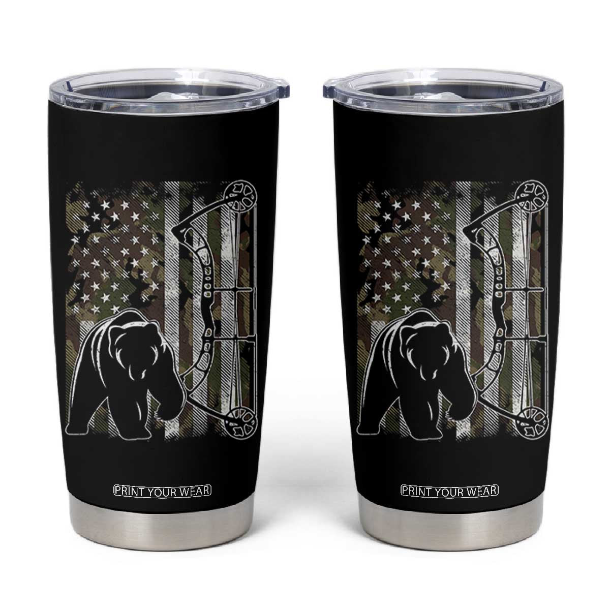 Bear Bowhunting Bow Archery Vintage Camo American Flag Tumbler Cup TS11 Black Print Your Wear