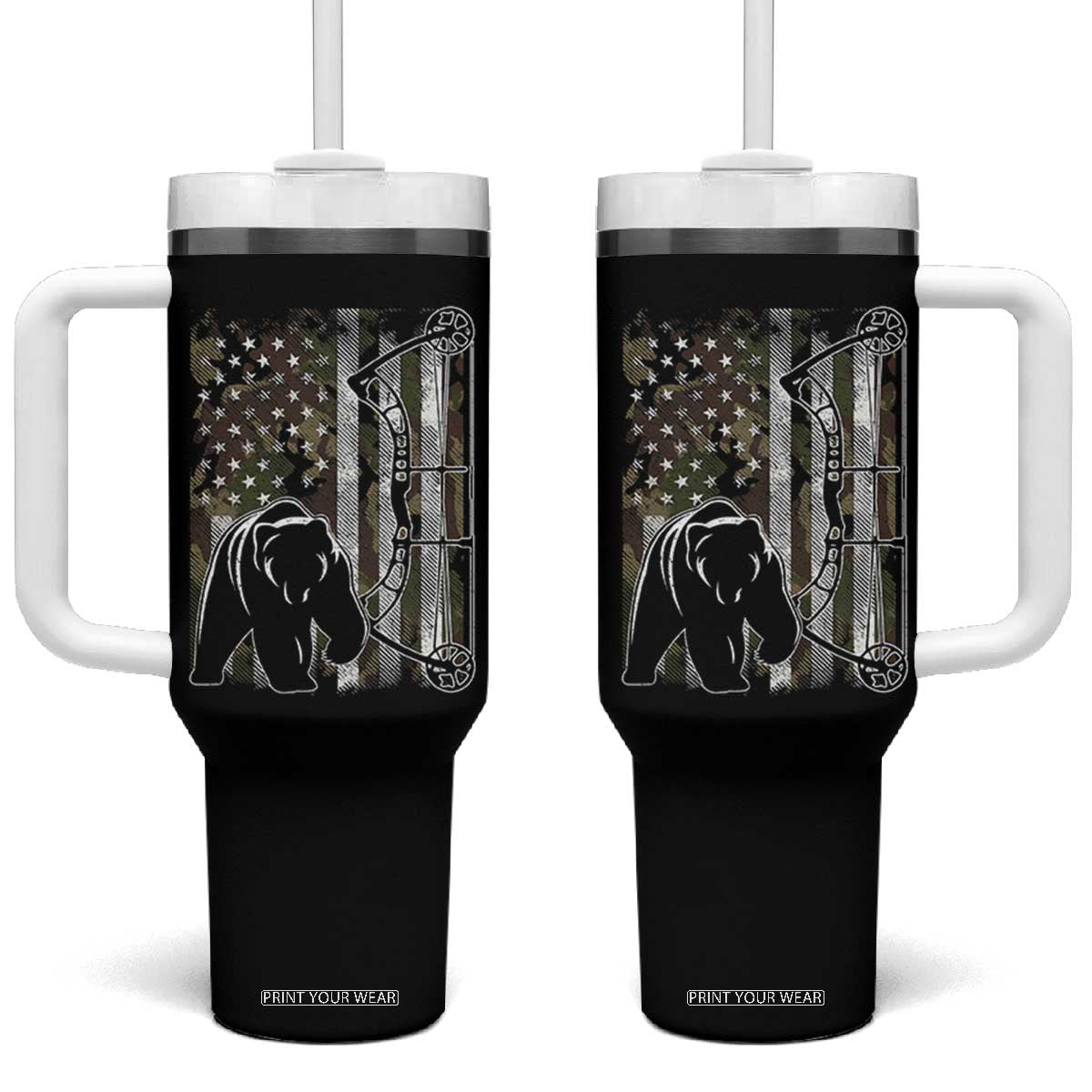 Bear Bowhunting Bow Archery Vintage Camo American Flag Tumbler With Handle TS11 One Size: 40 oz Black Print Your Wear