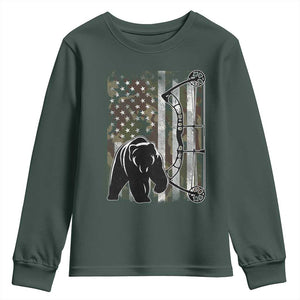 Bear Bowhunting Bow Archery Vintage Camo American Flag Youth Sweatshirt TS11 Dark Forest Green Print Your Wear