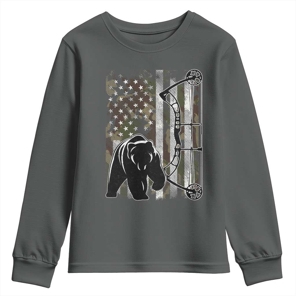 Bear Bowhunting Bow Archery Vintage Camo American Flag Youth Sweatshirt TS11 Dark Heather Print Your Wear