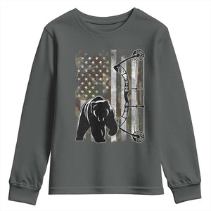 Bear Bowhunting Bow Archery Vintage Camo American Flag Youth Sweatshirt TS11 Dark Heather Print Your Wear