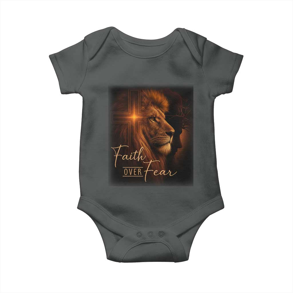 Faith Over Fear Baby Onesie Lion Of Judah Jesus Christian Religious TS11 Dark Heather Print Your Wear