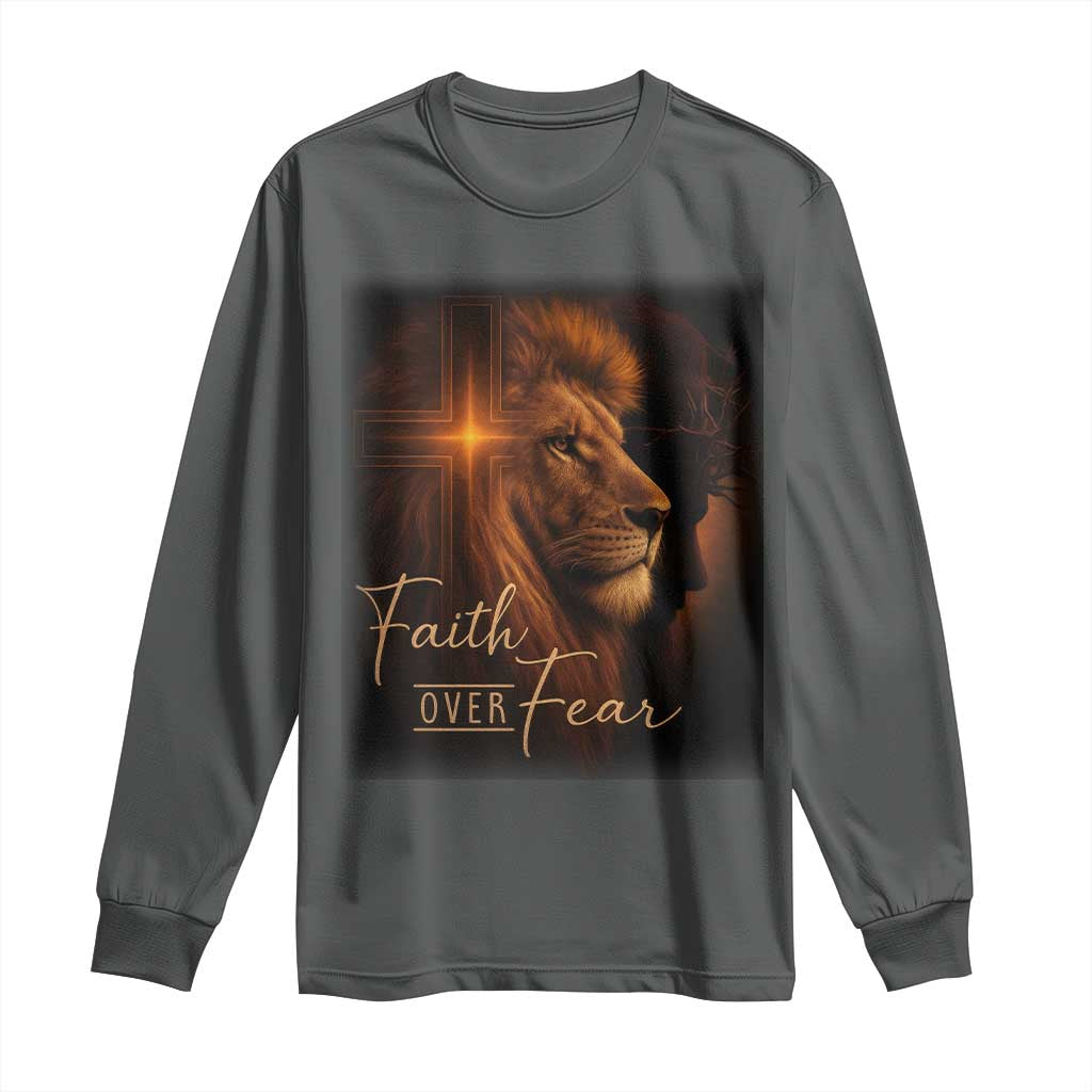 Faith Over Fear Long Sleeve Shirt Lion Of Judah Jesus Christian Religious TS11 Dark Heather Print Your Wear
