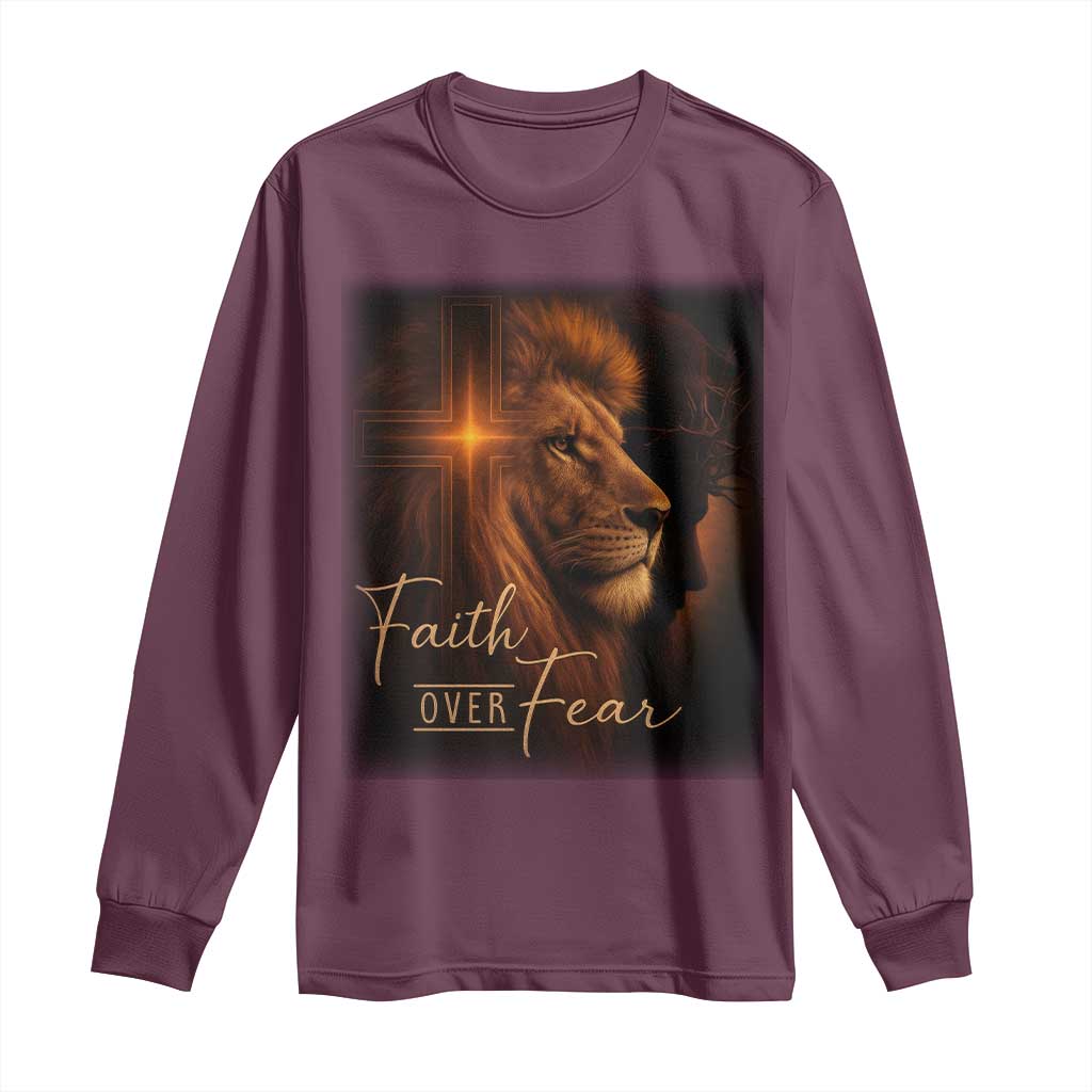 Faith Over Fear Long Sleeve Shirt Lion Of Judah Jesus Christian Religious TS11 Maroon Print Your Wear