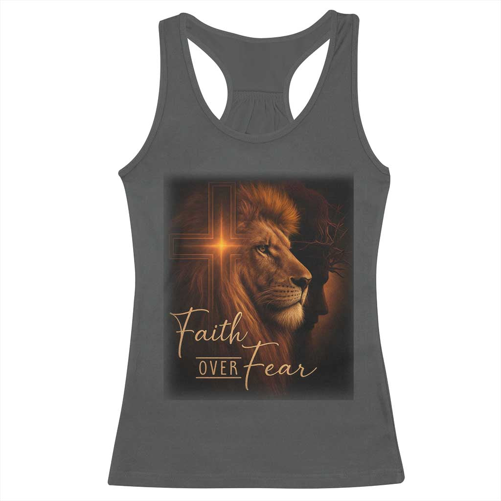 Faith Over Fear Racerback Tank Top Lion Of Judah Jesus Christian Religious TS11 Dark Heather Print Your Wear
