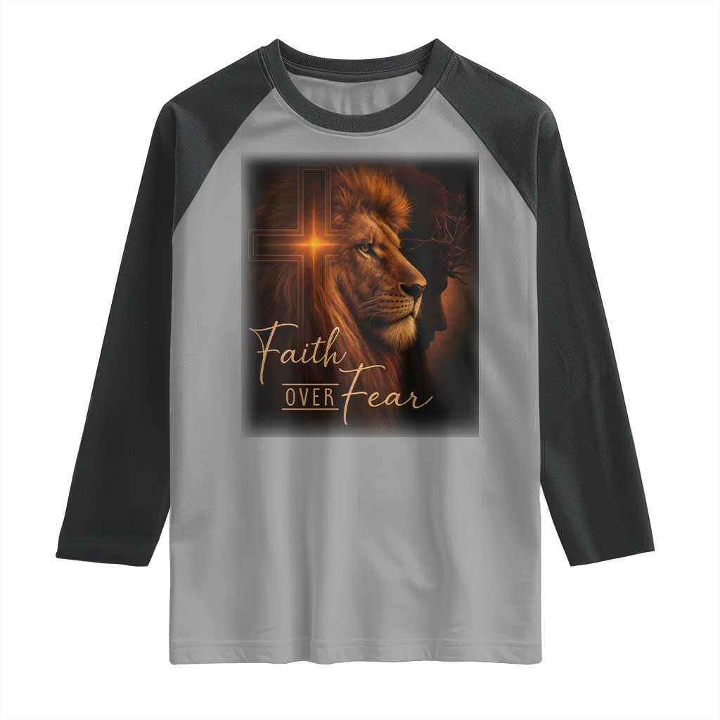 Faith Over Fear Raglan Shirt Lion Of Judah Jesus Christian Religious TS11 Sport Gray Black Print Your Wear