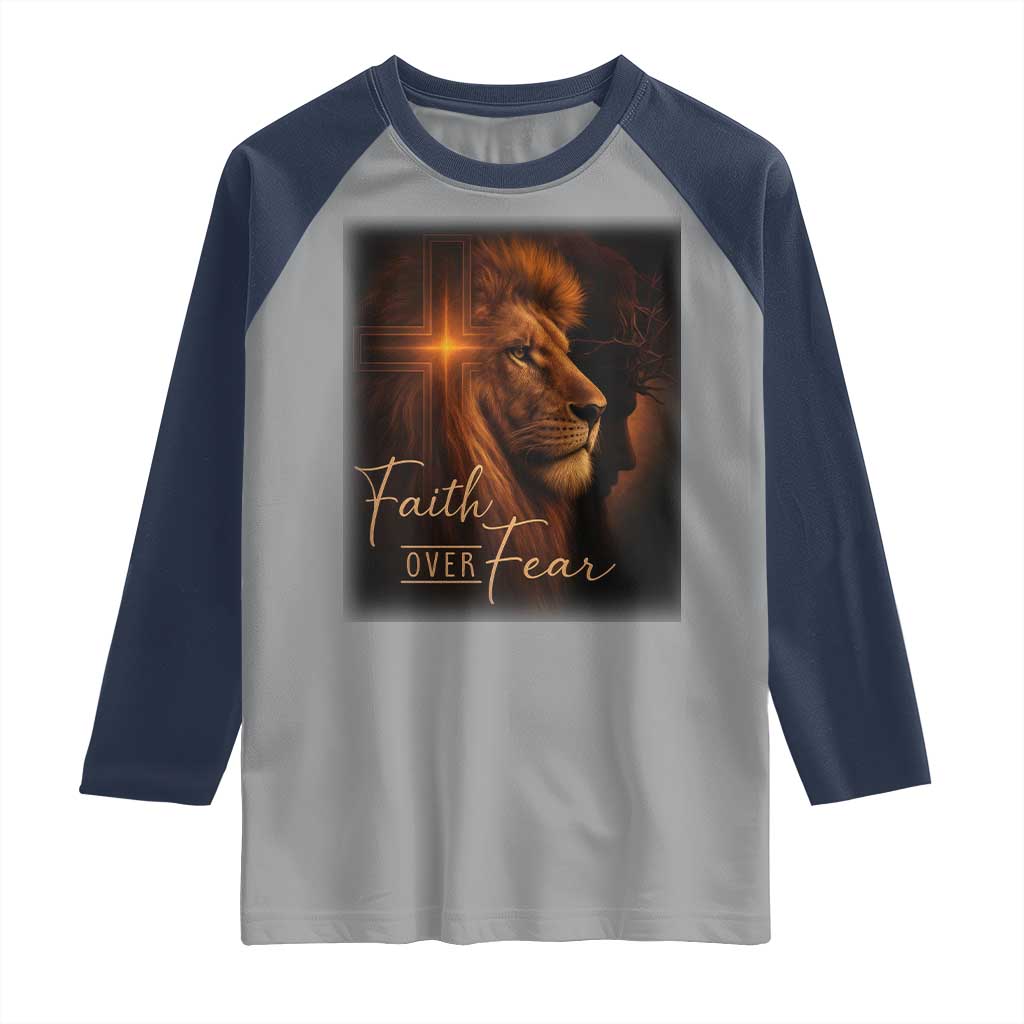 Faith Over Fear Raglan Shirt Lion Of Judah Jesus Christian Religious TS11 Sport Gray Navy Print Your Wear