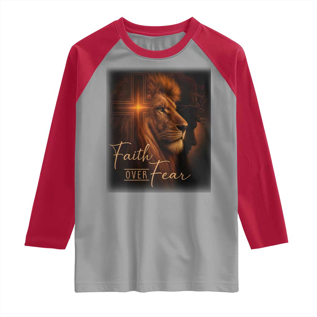 Faith Over Fear Raglan Shirt Lion Of Judah Jesus Christian Religious TS11 Sport Gray Red Print Your Wear