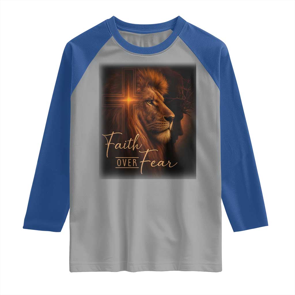 Faith Over Fear Raglan Shirt Lion Of Judah Jesus Christian Religious TS11 Sport Gray Royal Print Your Wear