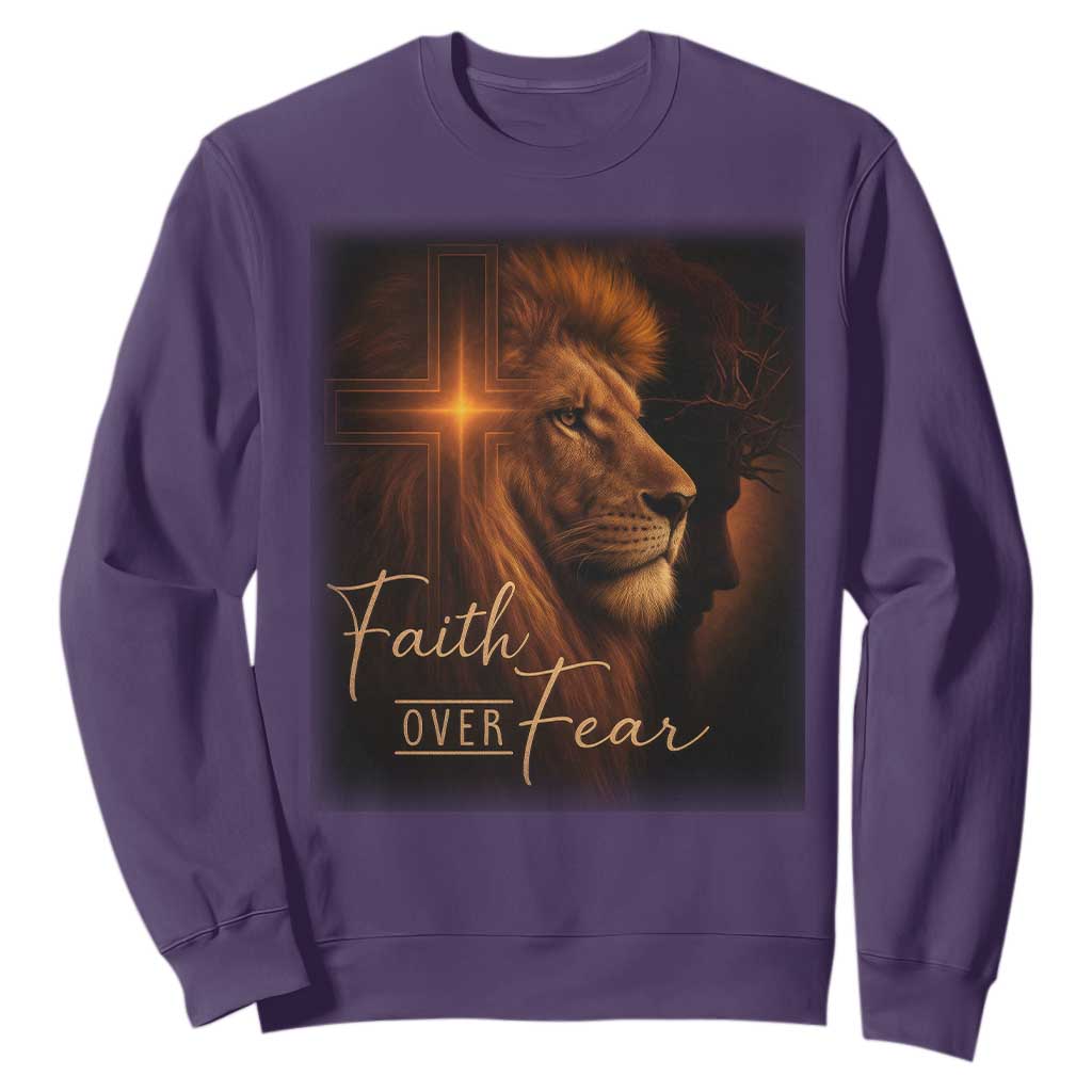 Faith Over Fear Sweatshirt Lion Of Judah Jesus Christian Religious TS11 Purple Print Your Wear