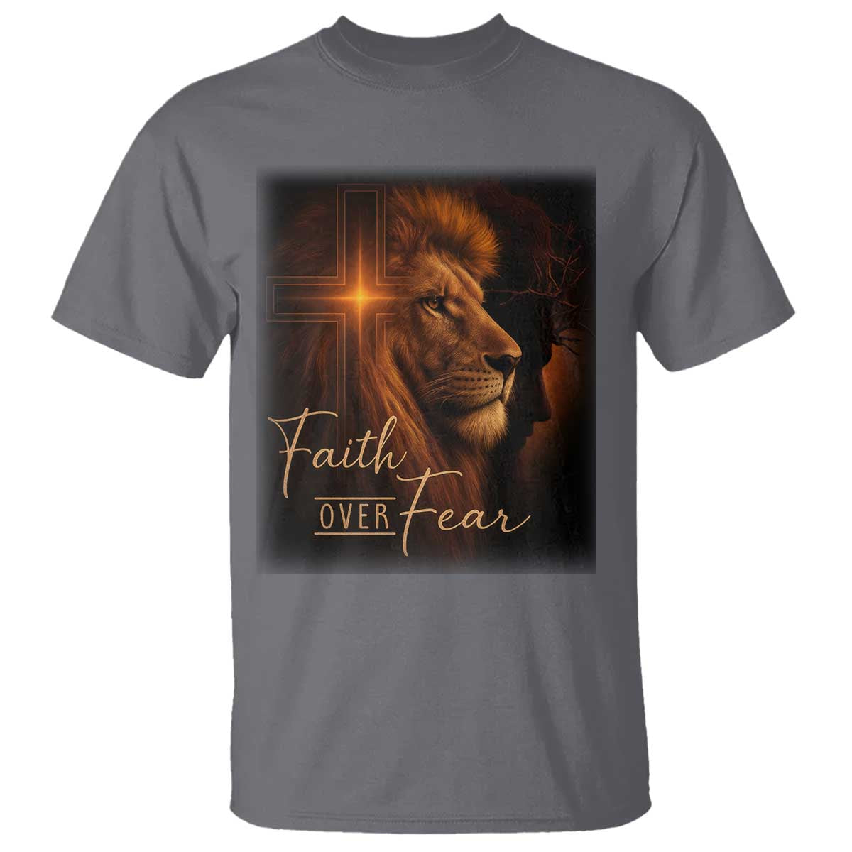 Faith Over Fear T Shirt Lion Of Judah Jesus Christian Religious TS11 Charcoal Print Your Wear