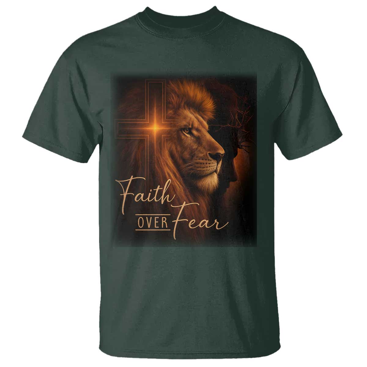 Faith Over Fear T Shirt Lion Of Judah Jesus Christian Religious TS11 Dark Forest Green Print Your Wear