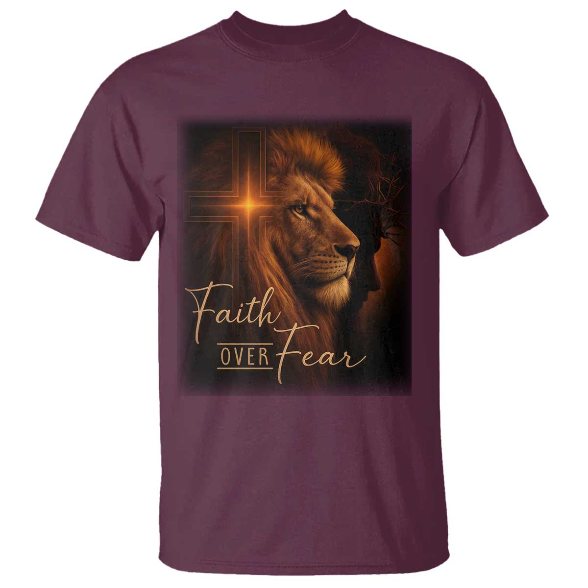 Faith Over Fear T Shirt Lion Of Judah Jesus Christian Religious TS11 Maroon Print Your Wear