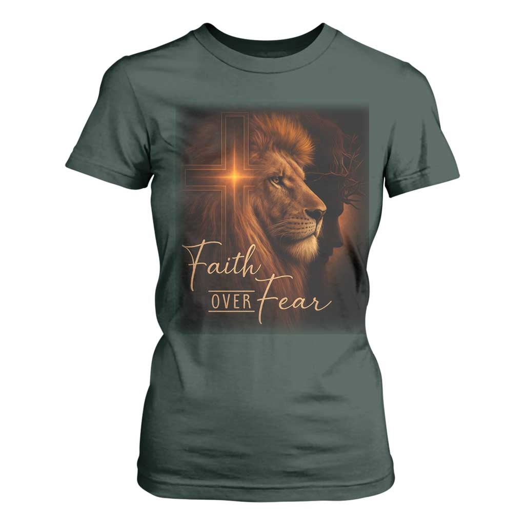 Faith Over Fear T Shirt For Women Lion Of Judah Jesus Christian Religious TS11 Dark Forest Green Print Your Wear