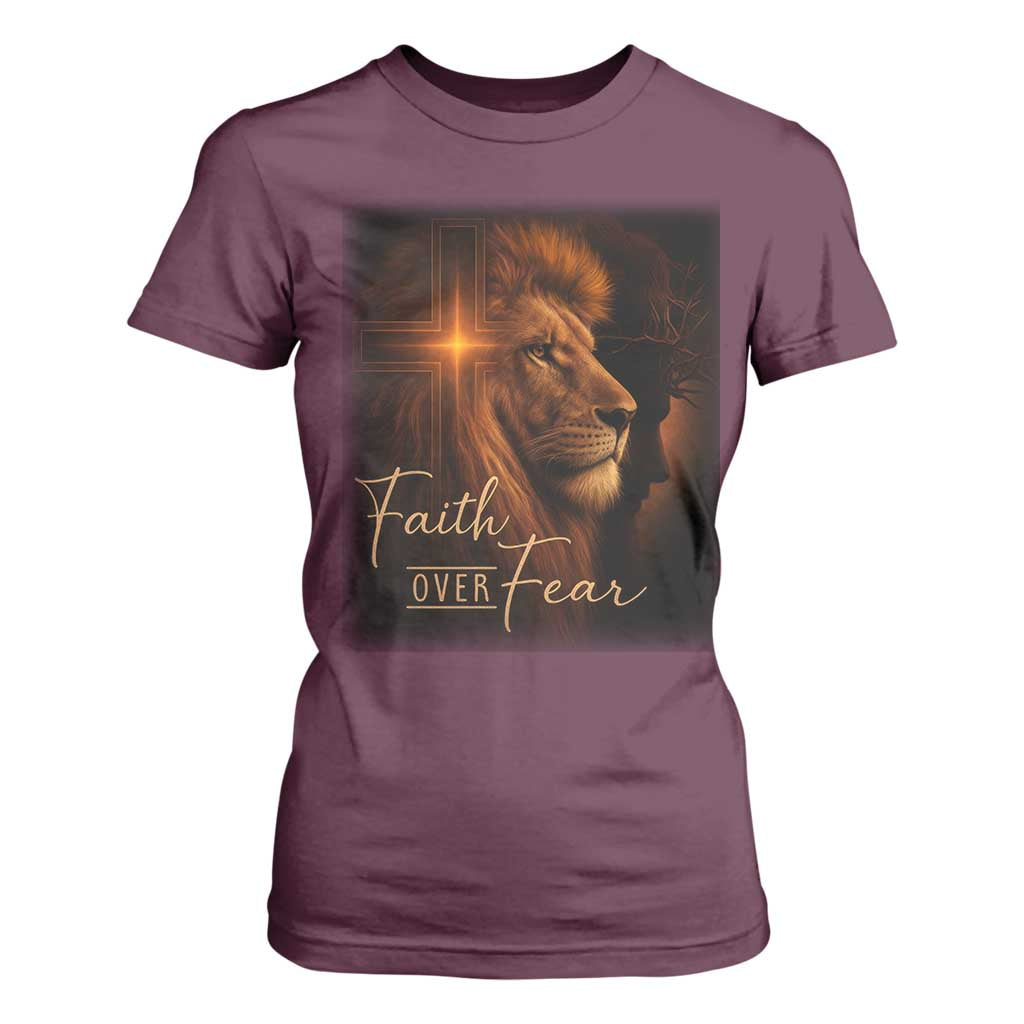 Faith Over Fear T Shirt For Women Lion Of Judah Jesus Christian Religious TS11 Maroon Print Your Wear
