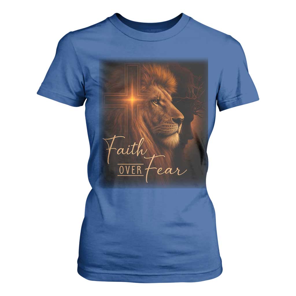 Faith Over Fear T Shirt For Women Lion Of Judah Jesus Christian Religious TS11 Royal Blue Print Your Wear
