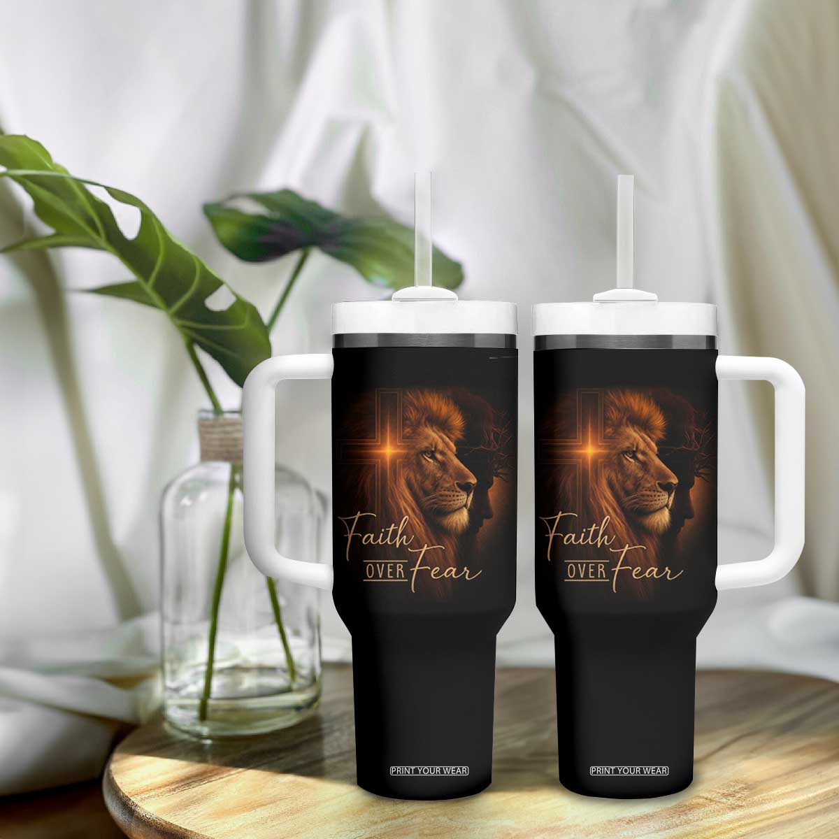 Faith Over Fear Tumbler With Handle Lion Of Judah Jesus Christian Religious TS11 Print Your Wear