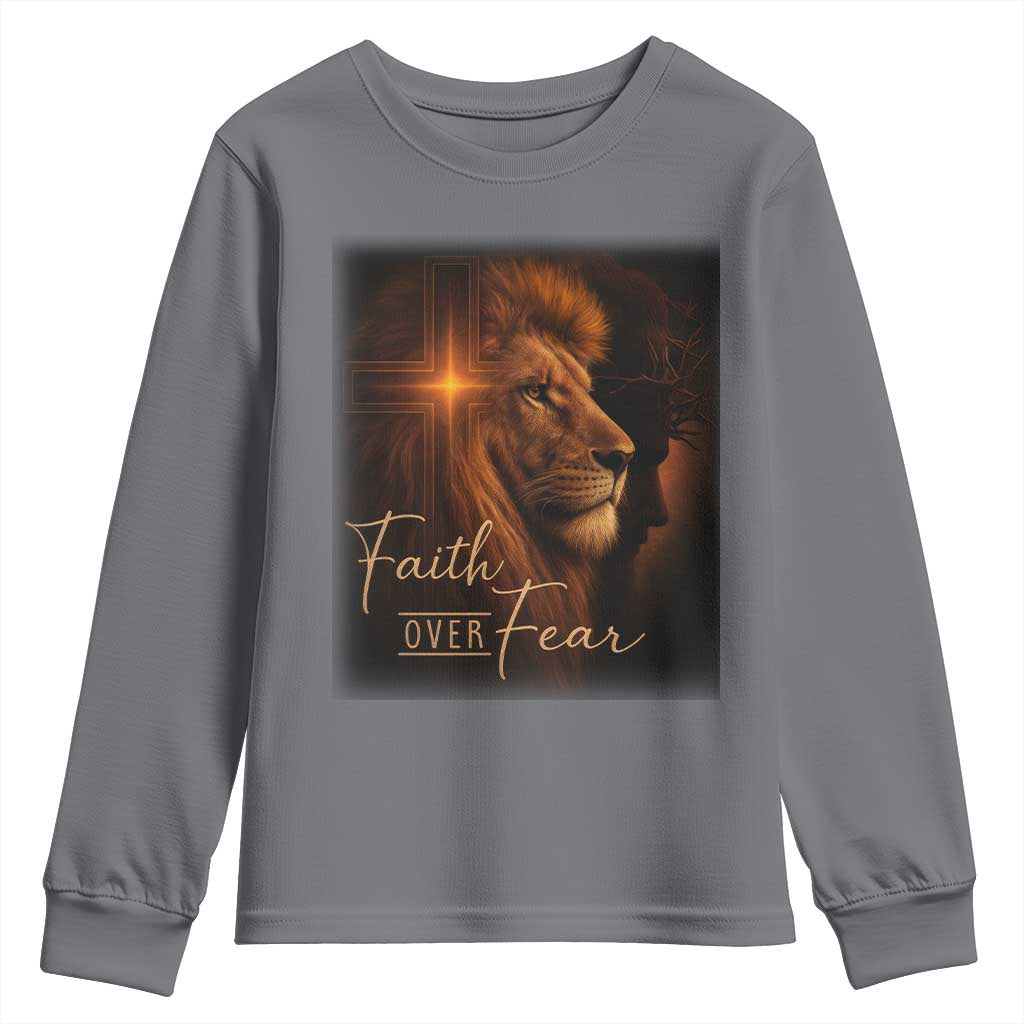Faith Over Fear Youth Sweatshirt Lion Of Judah Jesus Christian Religious TS11 Charcoal Print Your Wear