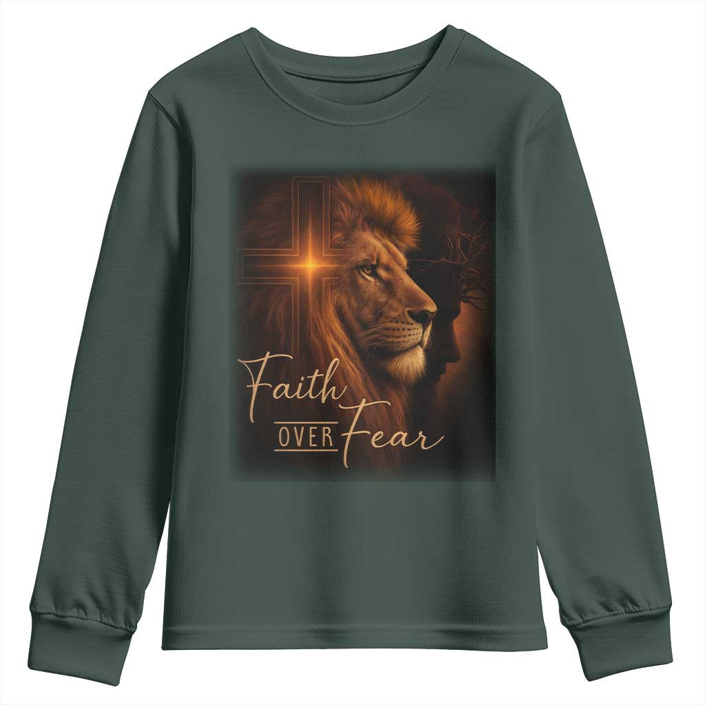 Faith Over Fear Youth Sweatshirt Lion Of Judah Jesus Christian Religious TS11 Dark Forest Green Print Your Wear