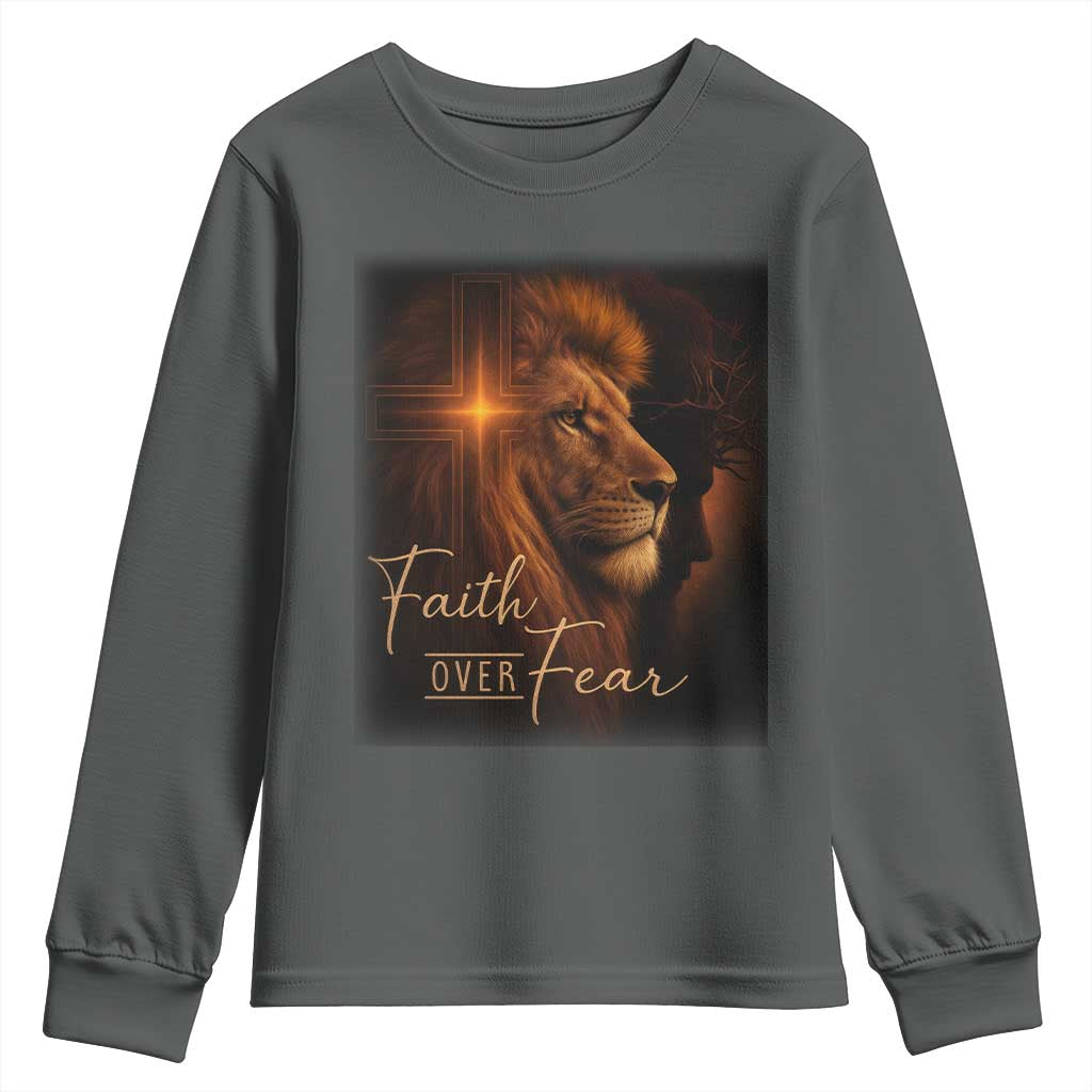 Faith Over Fear Youth Sweatshirt Lion Of Judah Jesus Christian Religious TS11 Dark Heather Print Your Wear
