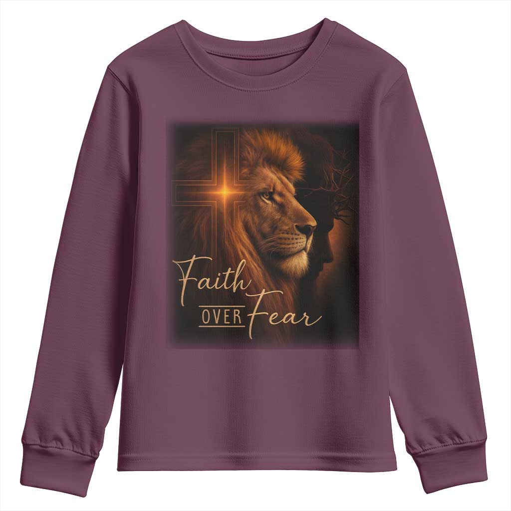 Faith Over Fear Youth Sweatshirt Lion Of Judah Jesus Christian Religious TS11 Maroon Print Your Wear
