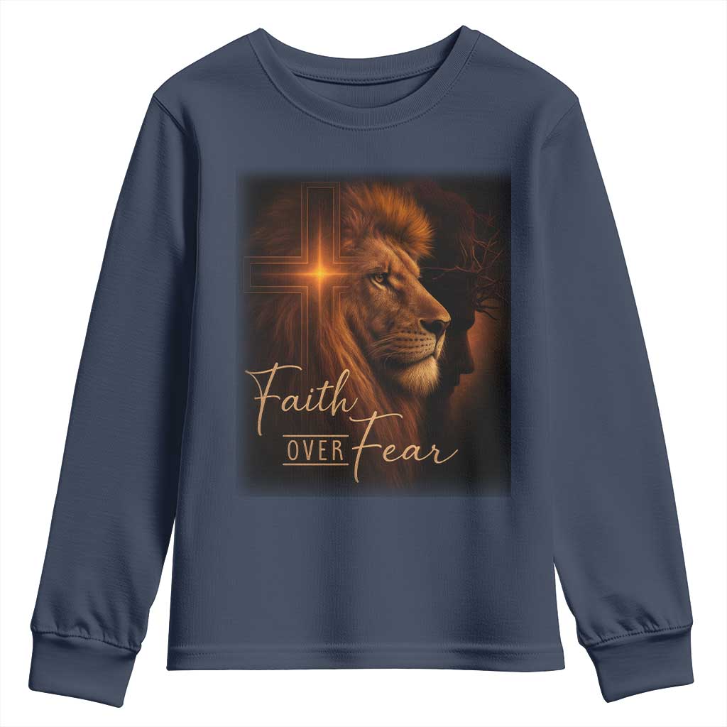 Faith Over Fear Youth Sweatshirt Lion Of Judah Jesus Christian Religious TS11 Navy Print Your Wear