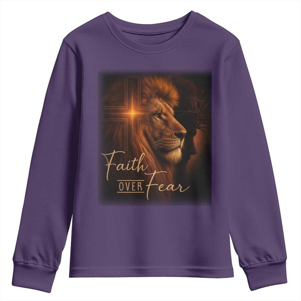Faith Over Fear Youth Sweatshirt Lion Of Judah Jesus Christian Religious TS11 Purple Print Your Wear