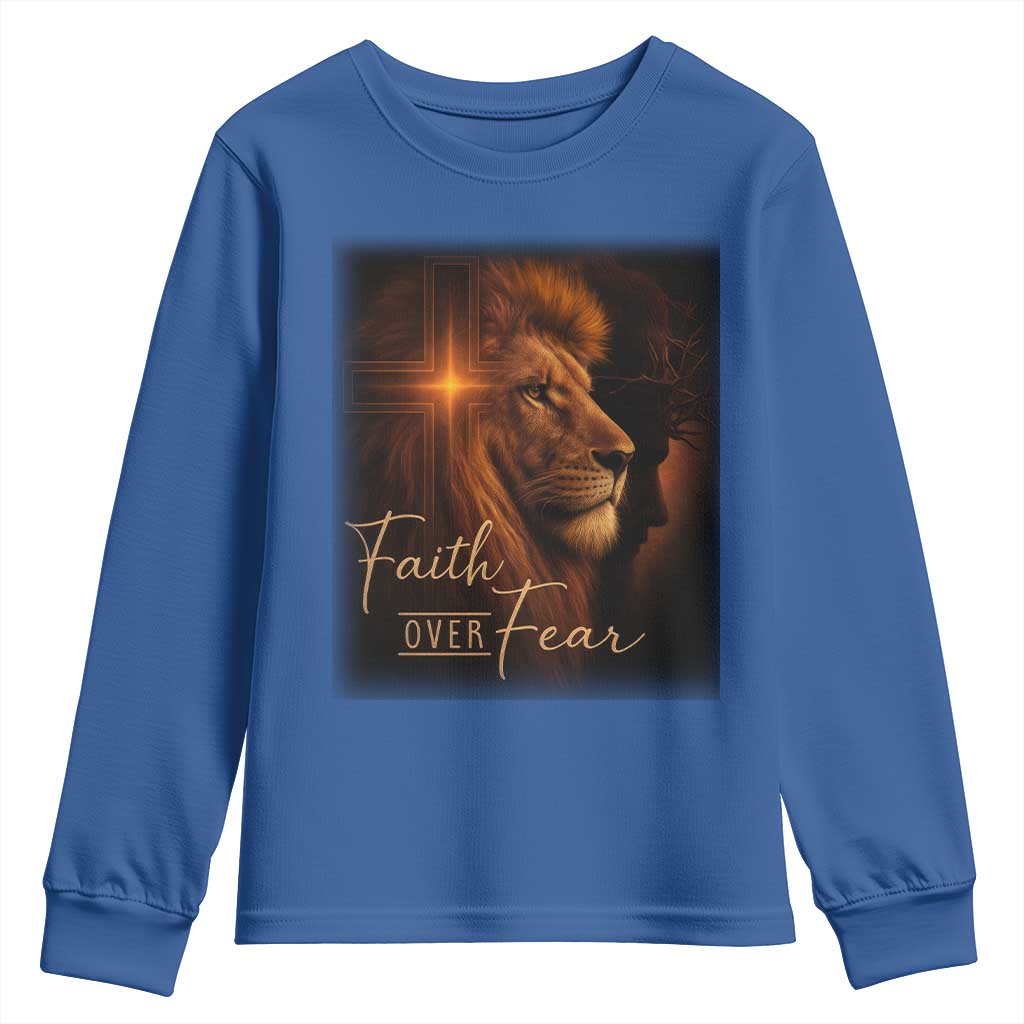 Faith Over Fear Youth Sweatshirt Lion Of Judah Jesus Christian Religious TS11 Royal Blue Print Your Wear