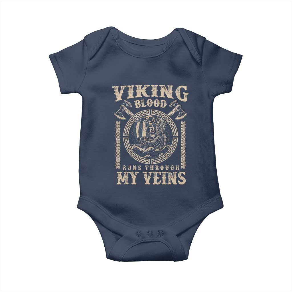 Viking Blood Runs Through My Veins Baby Onesie Norse Mythology Drakkar Longship TS11 Navy Print Your Wear