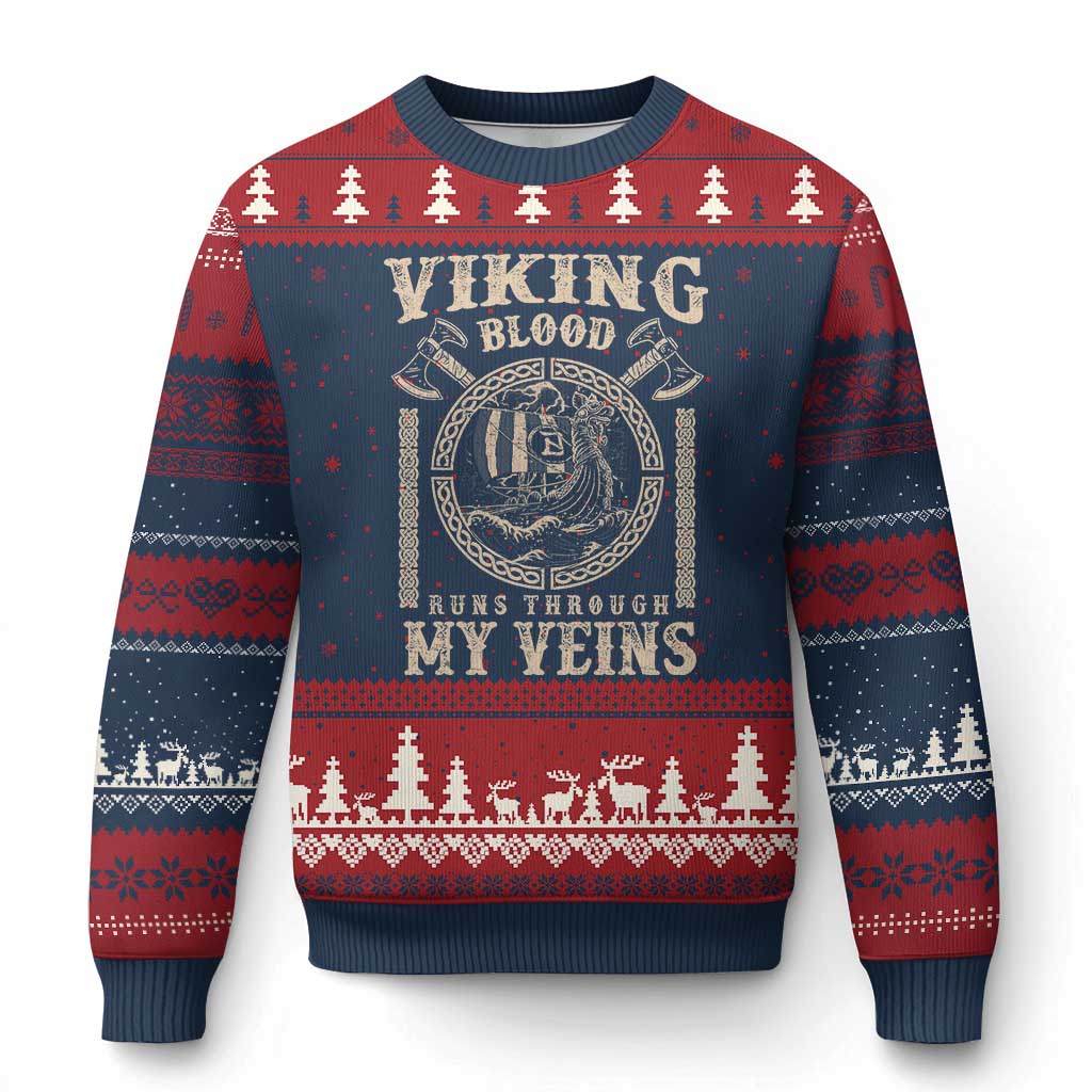 Viking Blood Runs Through My Veins Ugly Christmas Sweater Norse Mythology Drakkar Longship TS11 Navy Red Print Your Wear