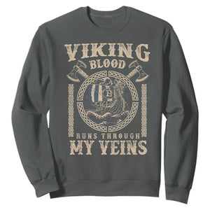 Viking Blood Runs Through My Veins Sweatshirt Norse Mythology Drakkar Longship TS11 Dark Heather Print Your Wear
