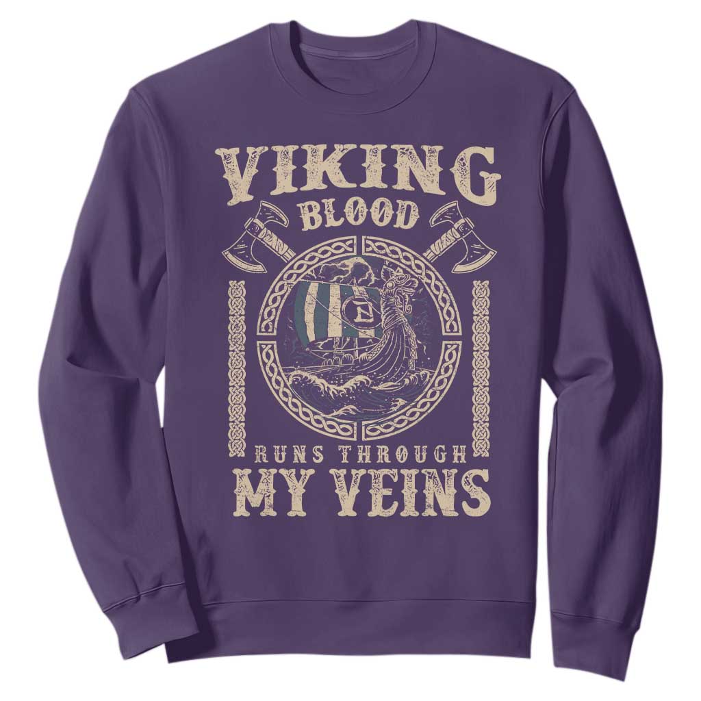 Viking Blood Runs Through My Veins Sweatshirt Norse Mythology Drakkar Longship TS11 Purple Print Your Wear
