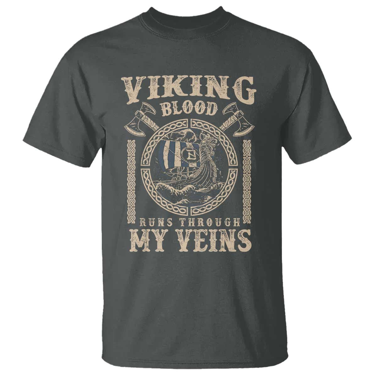 Viking Blood Runs Through My Veins T Shirt Norse Mythology Drakkar Longship TS11 Dark Heather Print Your Wear