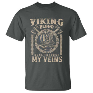 Viking Blood Runs Through My Veins T Shirt Norse Mythology Drakkar Longship TS11 Dark Heather Print Your Wear