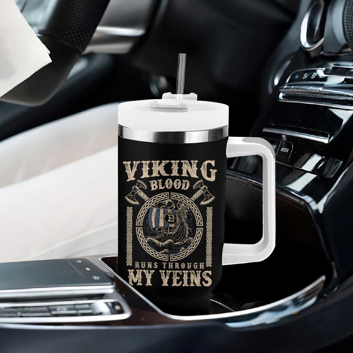 Viking Blood Runs Through My Veins Tumbler With Handle Norse Mythology Drakkar Longship TS11 Print Your Wear