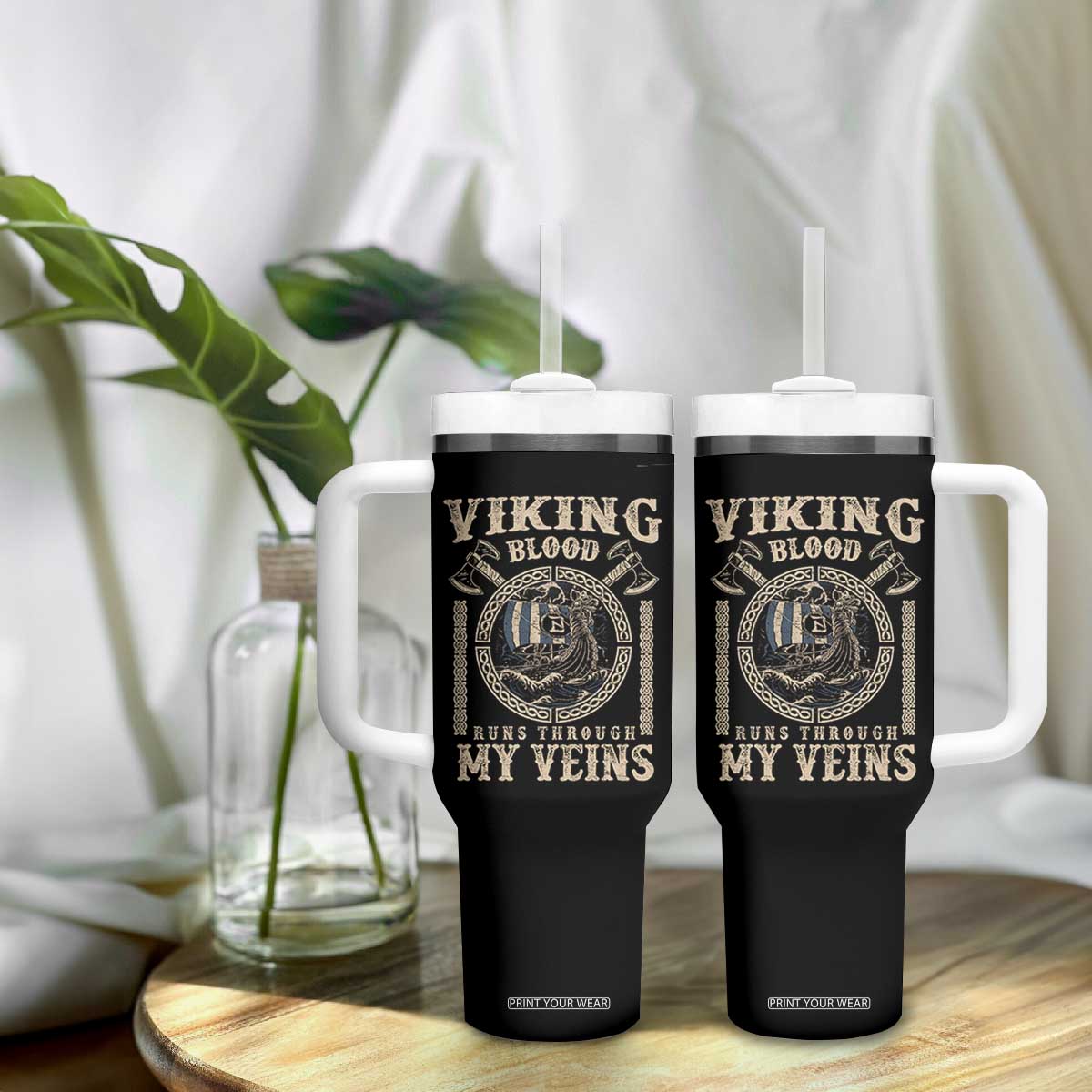 Viking Blood Runs Through My Veins Tumbler With Handle Norse Mythology Drakkar Longship TS11 Print Your Wear