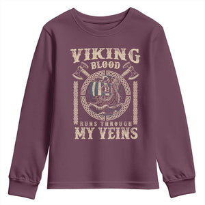 Viking Blood Runs Through My Veins Youth Sweatshirt Norse Mythology Drakkar Longship TS11 Maroon Print Your Wear