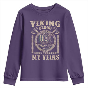 Viking Blood Runs Through My Veins Youth Sweatshirt Norse Mythology Drakkar Longship TS11 Purple Print Your Wear