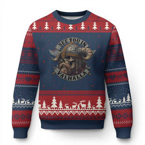 See You In Valhalla Ugly Christmas Sweater Nordic Norse Viking Warrior Skull TS11 Navy Red Print Your Wear