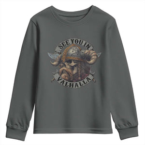 See You In Valhalla Youth Sweatshirt Nordic Norse Viking Warrior Skull TS11 Dark Heather Print Your Wear