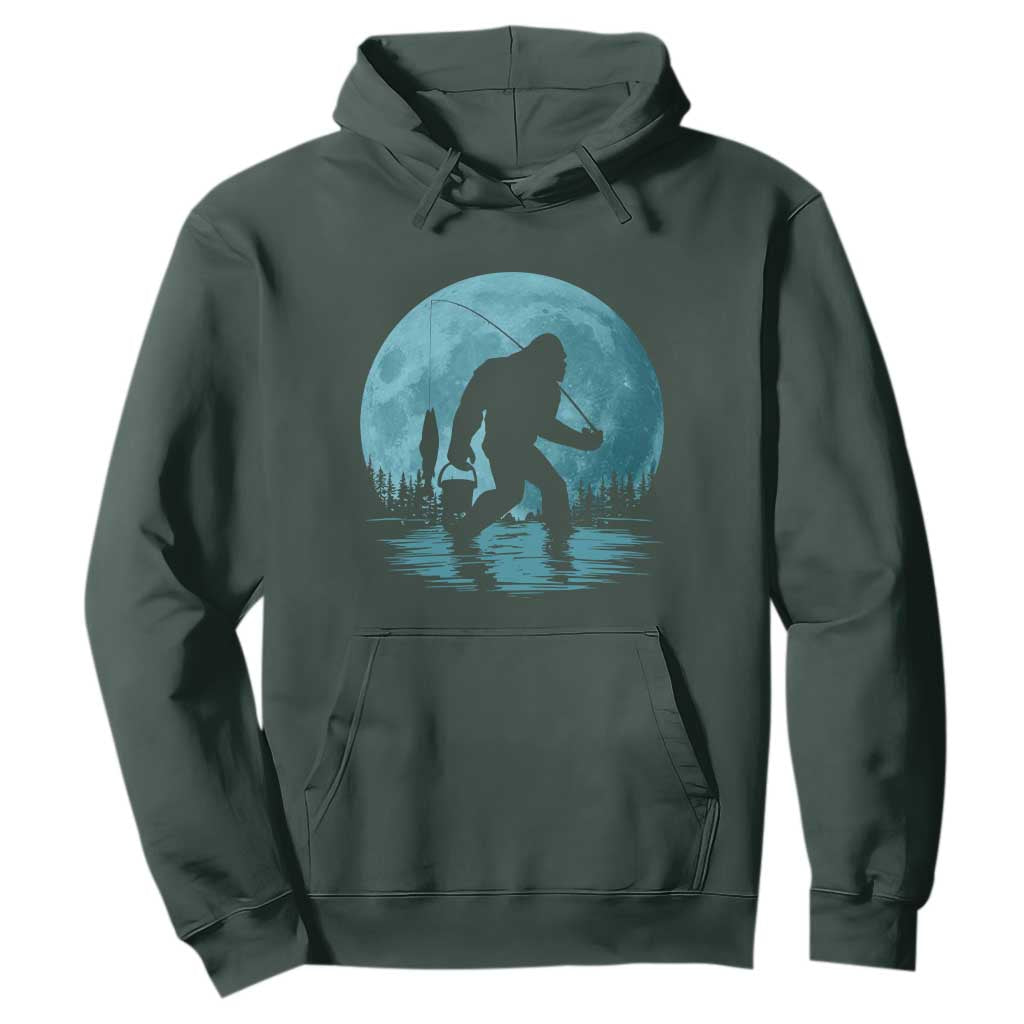 Funny Bigfoot Fishing Night Stroll Full Moon Hoodie TS11 Dark Forest Green Print Your Wear