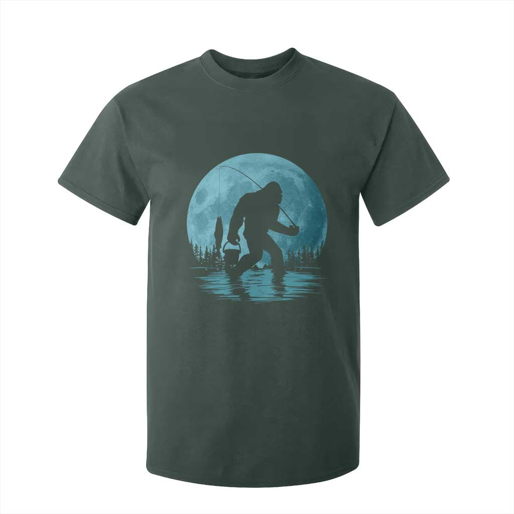 Funny Bigfoot Fishing Night Stroll Full Moon T Shirt For Kid TS11 Dark Forest Green Print Your Wear