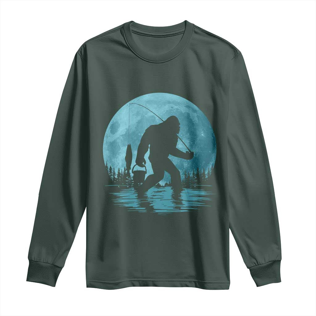 Funny Bigfoot Fishing Night Stroll Full Moon Long Sleeve Shirt TS11 Dark Forest Green Print Your Wear