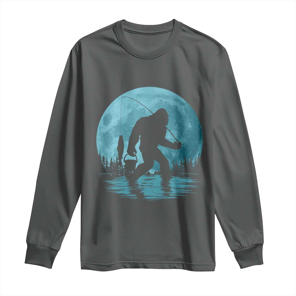 Funny Bigfoot Fishing Night Stroll Full Moon Long Sleeve Shirt TS11 Dark Heather Print Your Wear