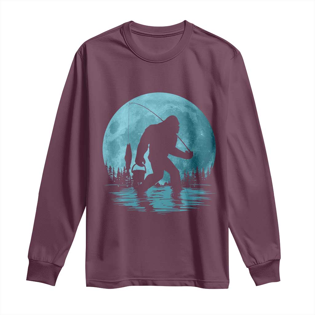 Funny Bigfoot Fishing Night Stroll Full Moon Long Sleeve Shirt TS11 Maroon Print Your Wear