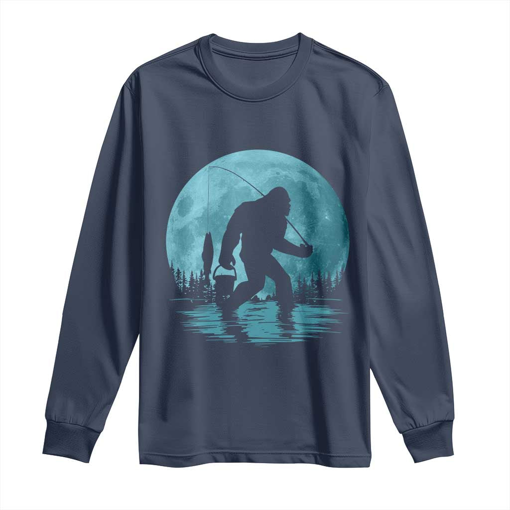 Funny Bigfoot Fishing Night Stroll Full Moon Long Sleeve Shirt TS11 Navy Print Your Wear