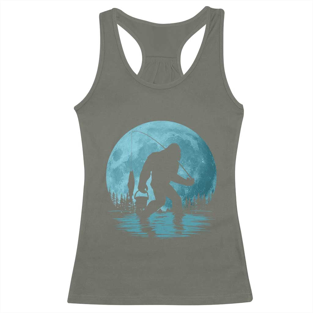 Funny Bigfoot Fishing Night Stroll Full Moon Racerback Tank Top TS11 Military Green Print Your Wear