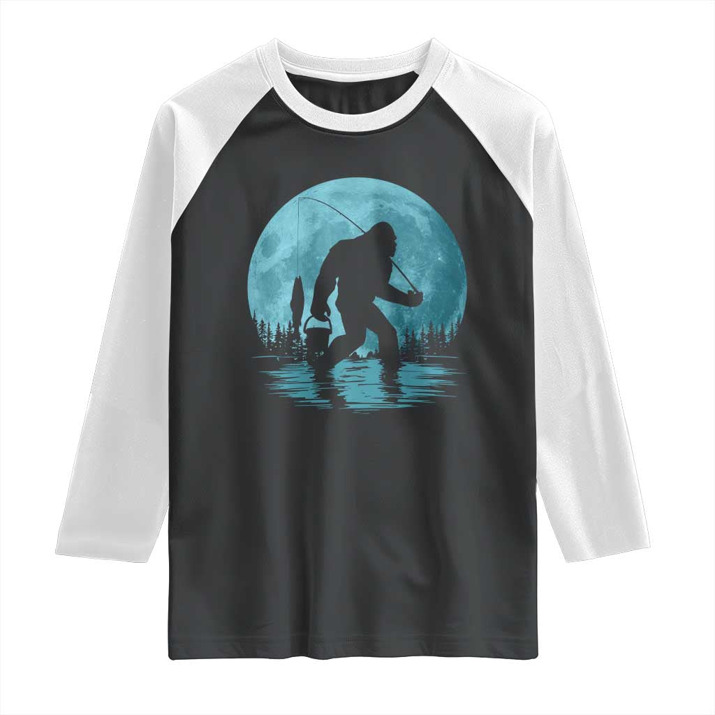 Funny Bigfoot Fishing Night Stroll Full Moon Raglan Shirt TS11 Black White Print Your Wear