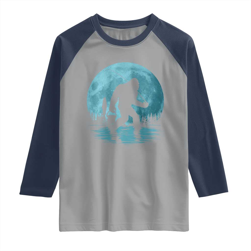 Funny Bigfoot Fishing Night Stroll Full Moon Raglan Shirt TS11 Sport Gray Navy Print Your Wear