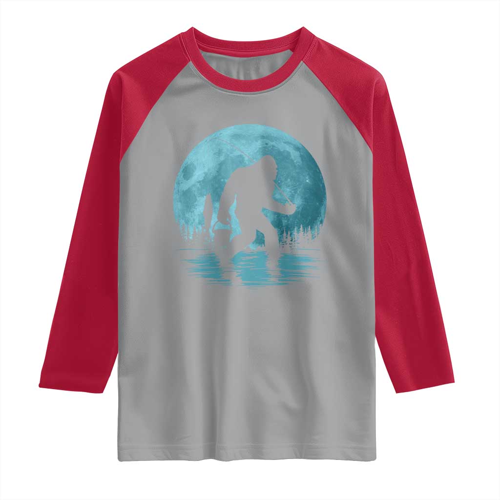 Funny Bigfoot Fishing Night Stroll Full Moon Raglan Shirt TS11 Sport Gray Red Print Your Wear
